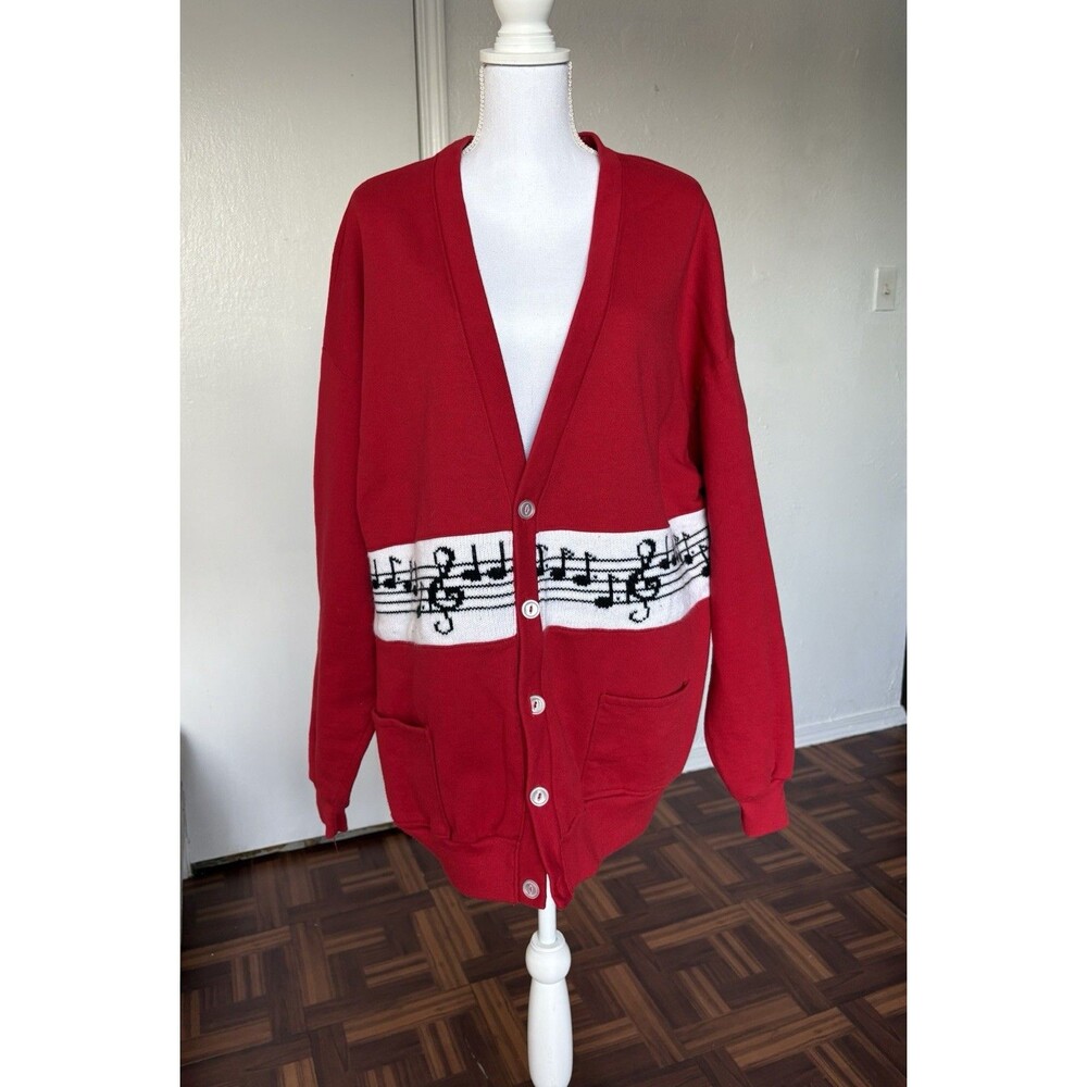 Annie Hall Originals Red & White Musical Notes Print Knitted Cardigan Sweater 3X